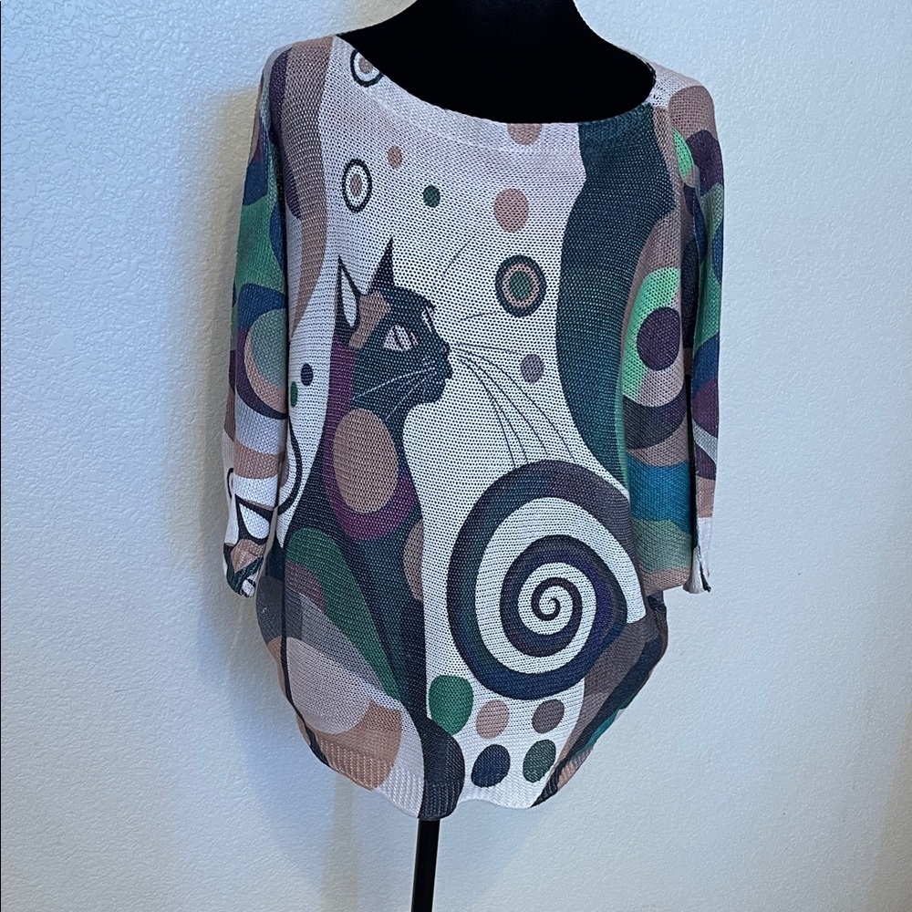 Stylish Cat Print Women's Pullover Top - Multicolor